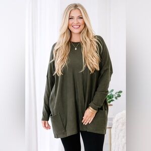 Chic Soul Olive Green Pocket Tunic Top Women’s 2XL Long Sleeve Oversized
